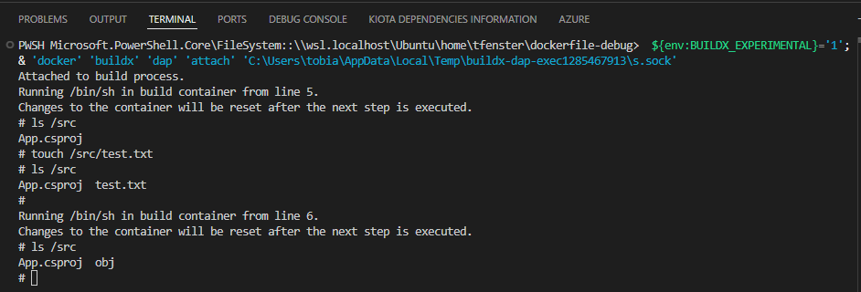 Screenshot showing dockerfile debugging with an interactive debug console showing an ls command with a new folder obj, but the file created in the previous step has disappeared